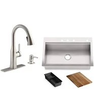 KOHLER Lyric Workstation 33 in. Drop-in Stainless Steel Single Bowl Kitchen Sink with Rubicon Kitchen Faucet and Accessories