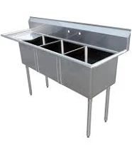 Three Tub Sink 10X14X10 with Center Drain and Left Drain Board