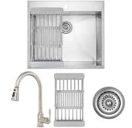 Drop-in 25-in x 22-in Brushed Stainless Steel Single Bowl 1-Hole Kitchen Sink All-in-One Kit AKDY KS0377