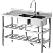 Stainless Steel Sink, Free Standing Single Bowl Kitchen Sink with Cold and Hot Water Pipe