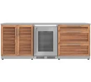 Outdoor Kitchen Stainless Steel Louvered Doors 5 Piece Cabinet Set with 3-Drawer, 2-Door Cabinet, Countertops and Fridge, Grove / Glass Door / 304