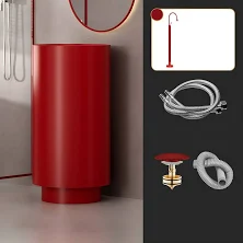Contemporary Bathroom Sink with Pop-Up Drain Stainless Steel Round Pedestal Sink - Sink with Faucet Red Floor-standing
