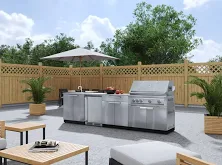 Outdoor Kitchen Stainless Steel 6 Piece Cabinet Set with Sink, Bar, Grill Cabinet, Platinum Grill, Countertop and Stainless Steel Door Fridge,